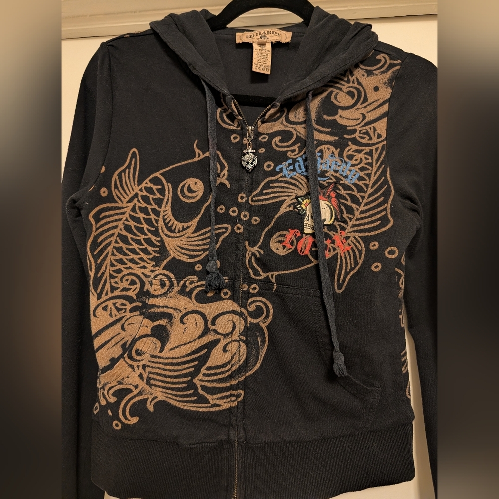 Ed Hardy Zip-Up Hoodie XS Black Tattoo Butterfly Graphic Y2K